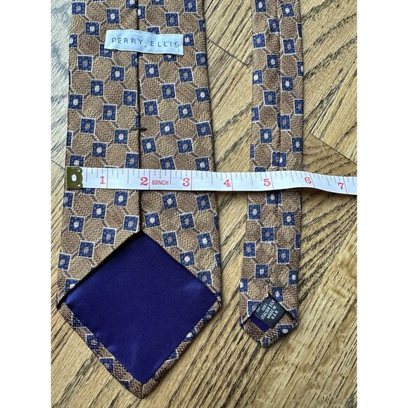 Perry Ellis Brown With Blue Squares 100% Italian Silk Men’s Tie‎ Career Work EUC - Picture 4 of 5